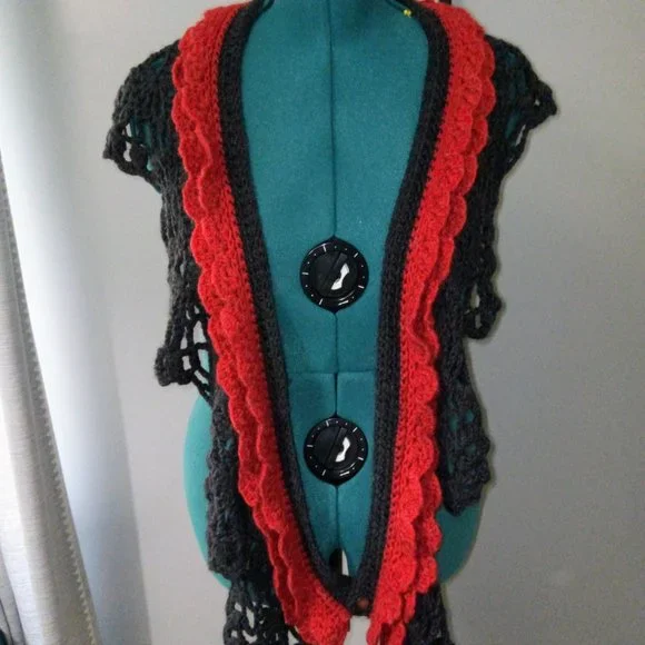 Crochet Multi-Wear Scarf/Wrap/Vest/Accessory in Heathered Red & Gray NEW - Picture 9 of 10